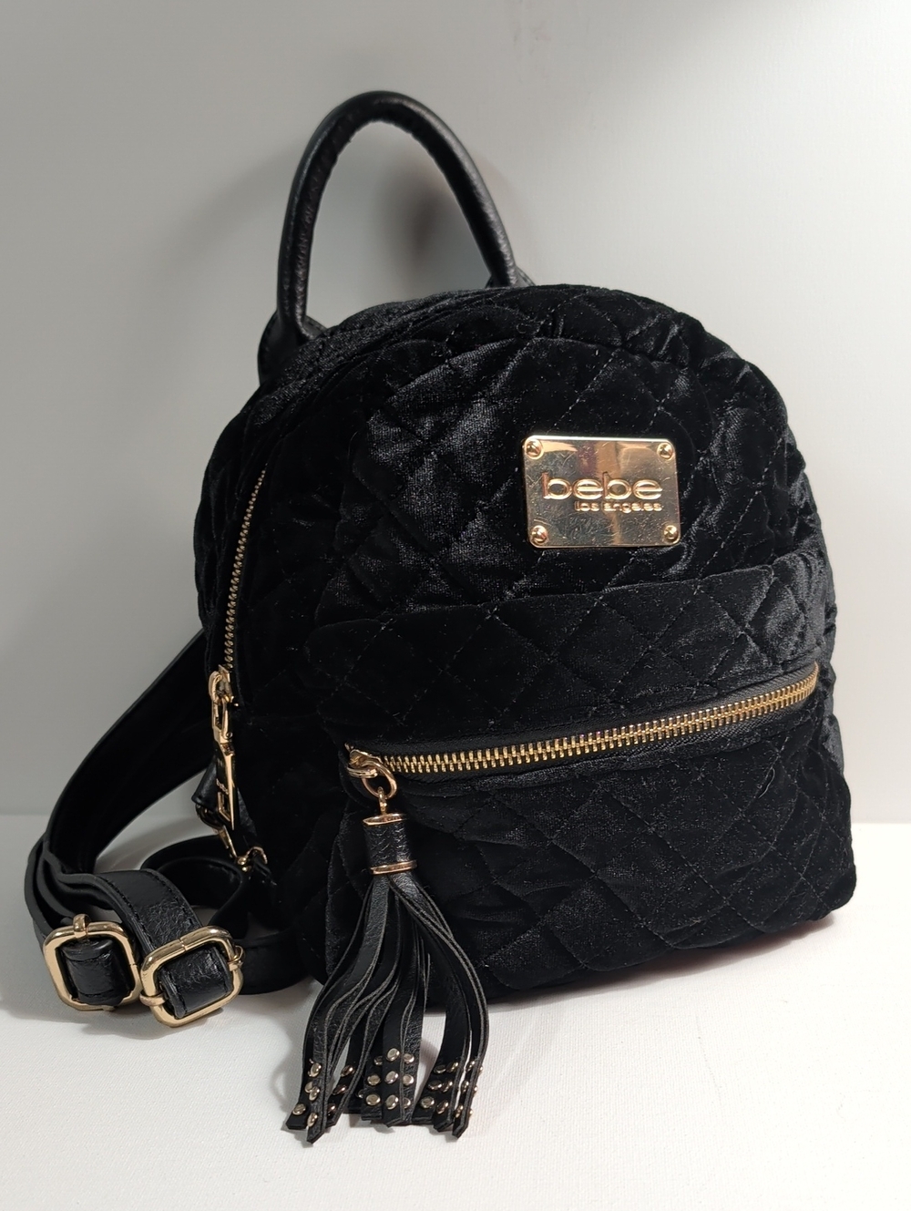 Bebe Quilted Black Velvet Mini Backpack